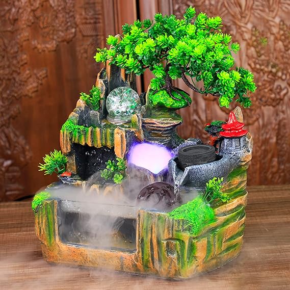 Tabletop Fountains Indoor Waterfall Fountain Indoor Water Fountains and Waterfalls with Light, Desk Fountain with Plant & Mist, Tabletop Fountains for Home Office Bedroom