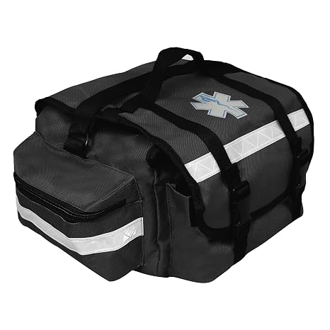 Primacare KB-RO74-BK First Responder Trauma Bag, 17" x 9" x 7", Black EMT/EMS Medical Supply Organizer with Padded Dividers, Multiple Compartments, Side Pockets, Reflective Strip, Durable Design