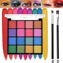 16-Colour Rainbow Eyeshadow Palette with 2 Brushes - Matte Shimmer Glitter Finishes - Colourful Pink Blue Green Purple Yellow Shades - Waterproof Long Lasting Easy Blend Makeup for Women (Colorful)