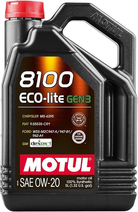 Motul 8100 ECO-lite 0W-20 Full Synthetic Motor Oil with Advanced Low-Friction Formula API SP & dexos1 Gen3 Approved for GM, Ford, Chrysler & Modern Engine Applications 5 Liter