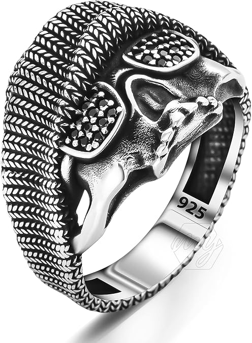 925 Sterling Silver Black Micro Stone Skull Design Biker Men's Ring