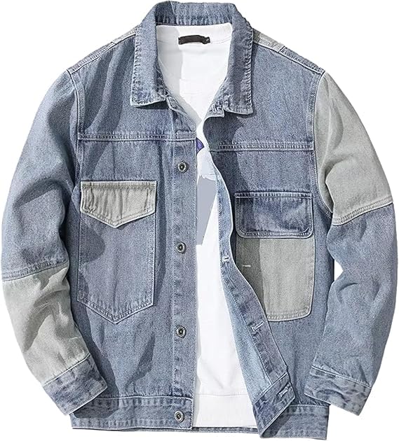 Men's Black Denim Jacket with Contrast Stitching Y2K Casual Button Front Jean Coats Long Sleeve Lapel Jean Workwear