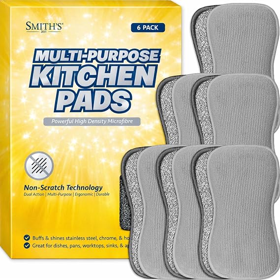 Multi-Purpose Kitchen Pads by Smith’s® | Grey | 6 Pack | Washing Up Dishes & Multi-Surface Scrub Sponges | Kitchen & Home | Non-Scratch | Durable | Chemical Free