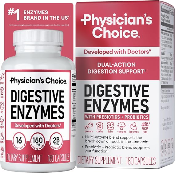 Physician's CHOICE Digestive Enzymes for Bloating & Digestion - Fast-Acting 16 Enzyme Formula with Organic Prebiotics & Probiotics for Gut & Digestive Health - Meal Time Discomfort Relief - 180 CT