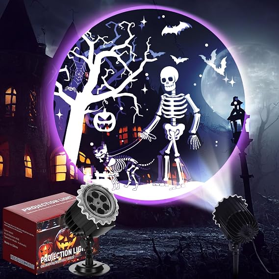 Halloween Projector Light with LED Film Slides, Skeletons and Dogs