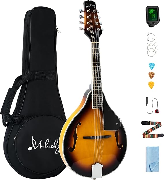 Mulucky A Style Mandolin Instrument, 8 String Acoustic Mandolin for Beginners, Mahogany Wood ML-A-S Musical Instrument Kit with Gig Bag, Digital Tuner, Extra Strings, Picks, Sunburst