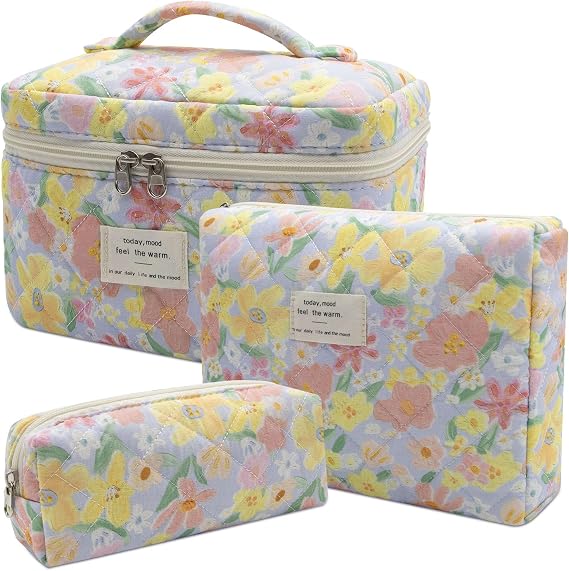 Quilted Makeup Bag Set, 3pc Large Floral Cosmetic Bag for Women, Cute Cotton Makeup Bags, Flower Travel Toiletry Organizer Bag (Large Flower), Large Flower, Cute