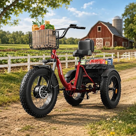 QRONGE Electric Tricycle for Adults 1200W Peak, 36V 20AH Battery Ebike 75 Miles Range with Large Rear Basket, Electric Trike 20"*4" Fat Tire, Max 20MPH 3 Wheel Folding Electric Trike for Adults(Lava)