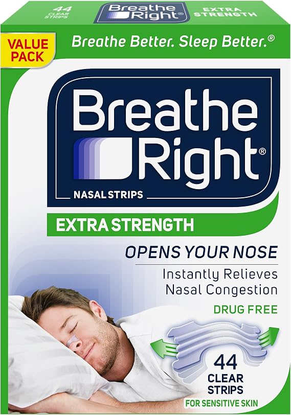Breathe Right Extra Strength Clear Nasal Strips, Nasal Congestion Relief due to Colds & Allergies, Reduces Nasal Snoring caused by Nasal Congestion, Drug-Free, 44 count, Large