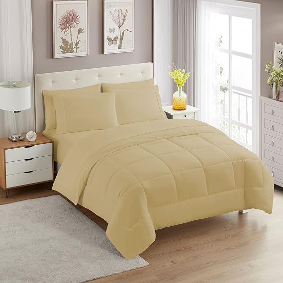 Sweet Home Collection 7 Piece Comforter Set Bag Solid Color All Season Soft Down Alternative Blanket & Luxurious Microfiber Bed Sheets, Camel, Twin (Pack of 4)
