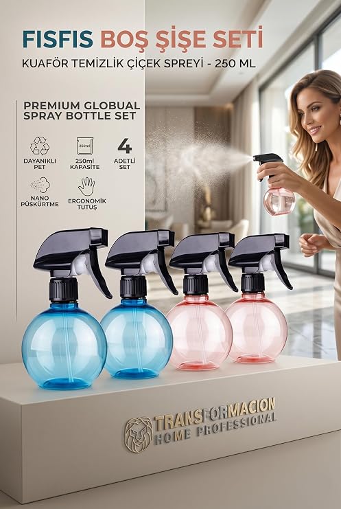 Transformacion 4'lü Kuaför Sprey Şişesi 250 ml Profesyonel Sprey Şişe – Su, Dezenfektan, Saç Ürünü İçin 718729
