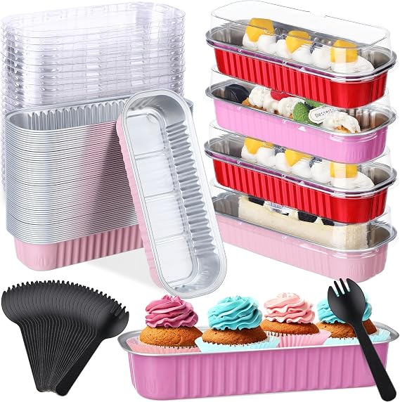 Blushtier 540 Pcs Mini Loaf Pans with Lids and Spoons 6.8 oz Pink Red Rectangular Aluminum Foil Baking Pans Mini Cake Tins for Birthday Party Wedding Engagement Romantic Decor