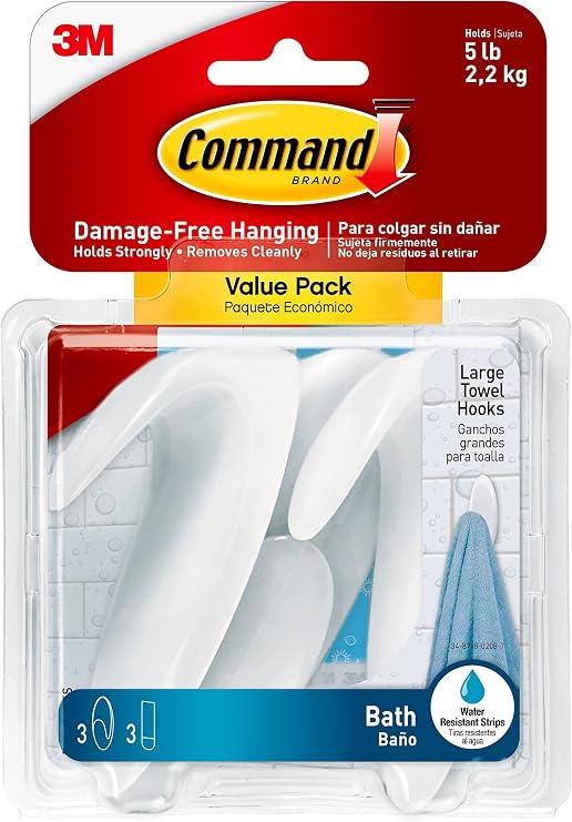 Command Large White Bath Hooks, 3 Hooks, 3 Strips