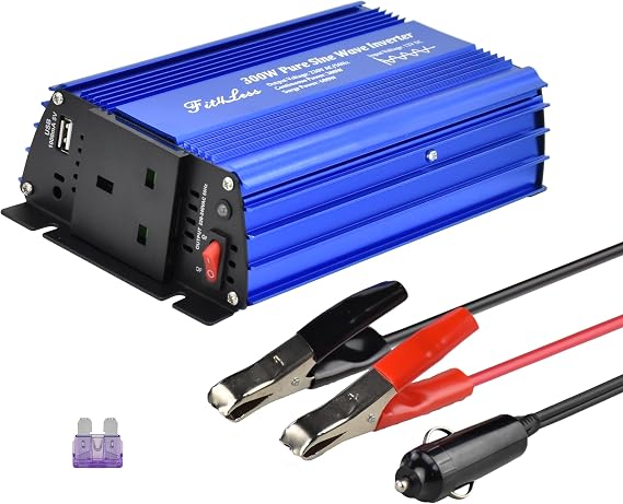 Pure Sine Wave power inverter 300 Watt rated 600 Watt Peak DC 12V to AC 230 50Hz with BS socket output and DC5V USB Output (Input DC12V)