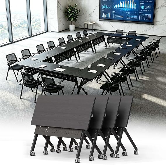 Folding Conference Table,Modular Conference Room Table with Wheels, Mobile Flip Top Training Table,Stackable Space-Saving Conference Tables for Office Classroom Seminar (2, Ebony-JU, 47.2IN)