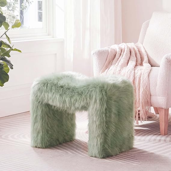 Vanity Stool Chair Small Footstool Ottoman Faux Fur
