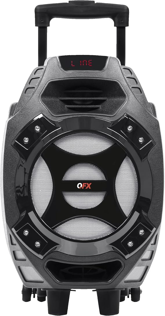 QFX PBX-61081 Rechargeable Portable Speaker | 8" Woofer | 400 Watts | Bluetooth, AUX, SD Card, FM Radio | Handle, Wheels, 12 Lbs | Perfect for Tailgating, Indoors, Outdoors Audio | Silver