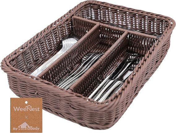 myHomeBody Rectangular Wicker Basket Utensil Holder Utensil Organizer Utensil Drawer Organizer Cutlery Organizer for Kitchen Kitchen Accessories 1 Piece Dark Brown