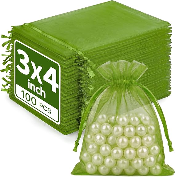 Crweety 100PCS Organza Bags 3x4'', Green Small Gift Mesh Drawstring Bags