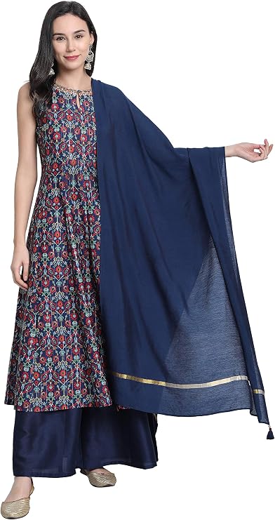 Janasya Indian Women's Blue Embellished Festive Wear Kurta Set for Women