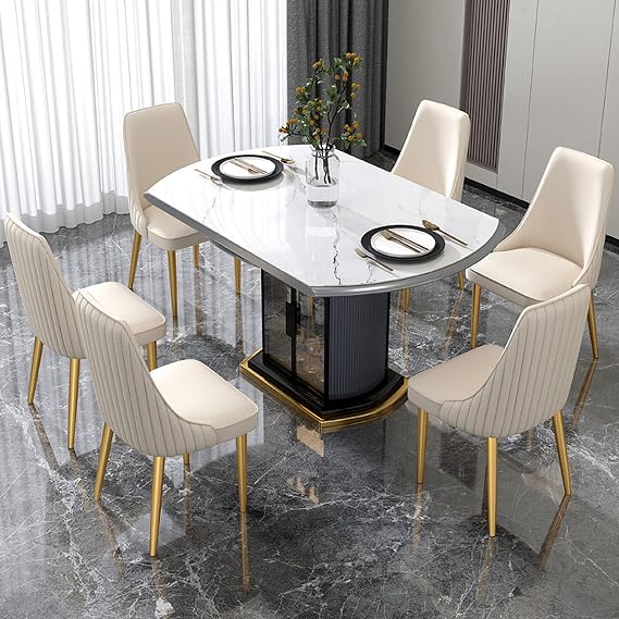 Modern Mid-Century Dining Chair with Gold Metal Legs Beige High Back Kitchen Chair Set of 6 with PU Leather Cushions, Seat Height 46cm