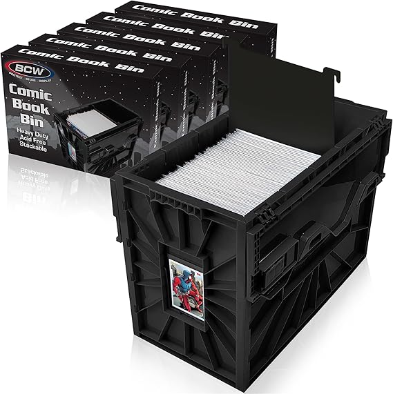 BCW Short Comic Book Bin, Holds 150 Comics Each, Black, 5 Pack | Each acid-free plastic bin holds 150 Current or Silver Age comics with a locking lid, movable partition, and ID slot.