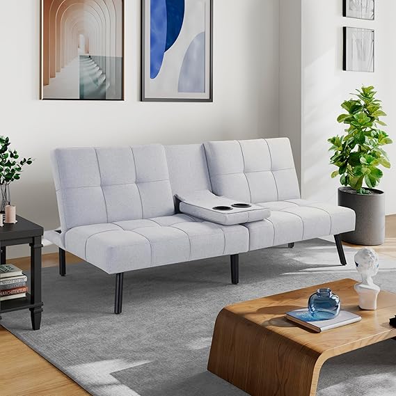 Serta Larken 65" Convertible Futon Sofa, Short Twin Size, Modern, Center Console w/Cup Holders, Dream Coil Comfort, Fingerguard Pinch Point Protection, Soft Woven Polyester Fabric, Light Gray