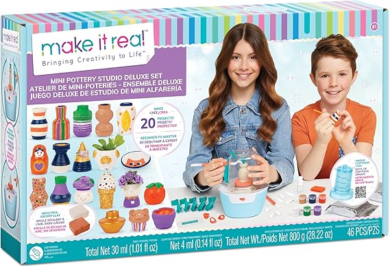 Make It Real Mini Pottery Studio Deluxe Pottery Kit - Ceramic Wheel, Mess Free Air Dry Clay for Kids, Crafts for 8 Year Old Girls +, 20 Projects, Creative Art Set, Clay Making Kits for Tweens, 46 Pcs