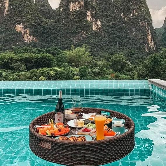 Floating Tray Luxury Floating Tray Retro Water Floating Breakfast Tray Wooden Rattan Basket with Handles,for Hotel Villa Swimming Pool Floating Plate 60cmround-Coffee