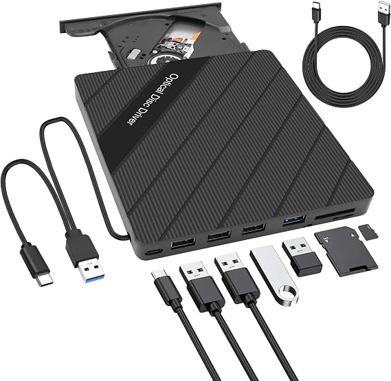 Computer External CD/DVD Drive 8 in 1 with USB 3.0/Type-C/SD/TF Card Port