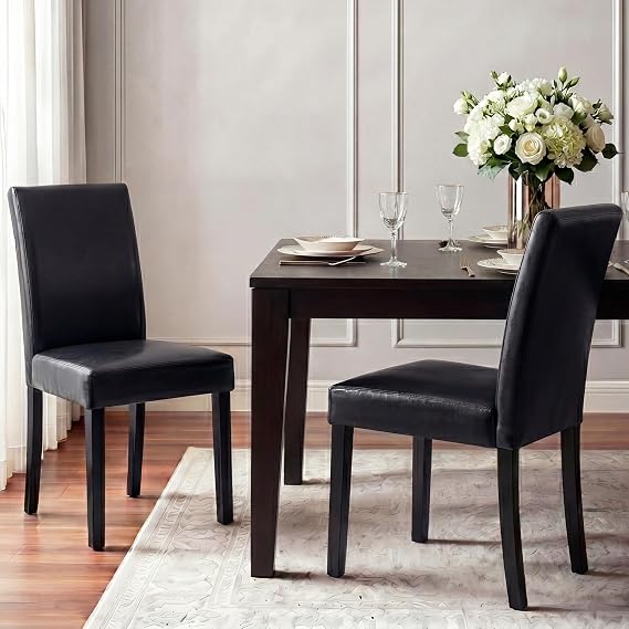 LSSBOUGHT Modern Dining Chair Set of 2 Urban Style PU Kicthen Chairs with Solid Wood Legs for Dining Room and Restaurant(Black)