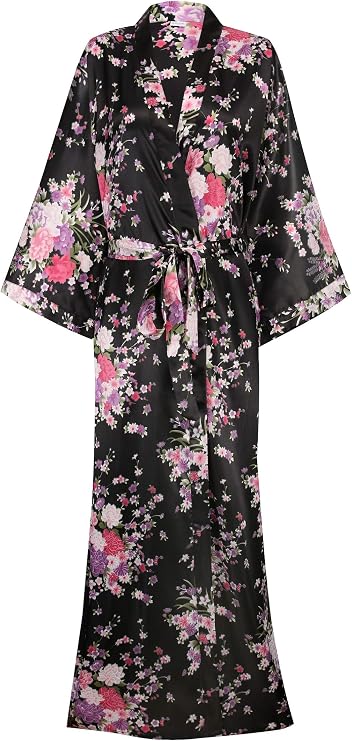 Women's Long Kimono Robes Silky Floral Bathrobe with Blossoms Printed Bridesmaid Wedding Nightgown