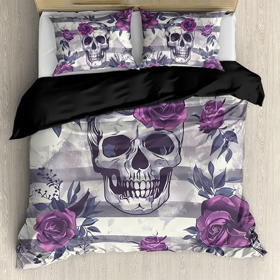 Gothic Skull Duvet Cover Set Queen Size Purple Rose Flower Comforter Cover with 2 Pillowcases Retro Bedding Set for Kids