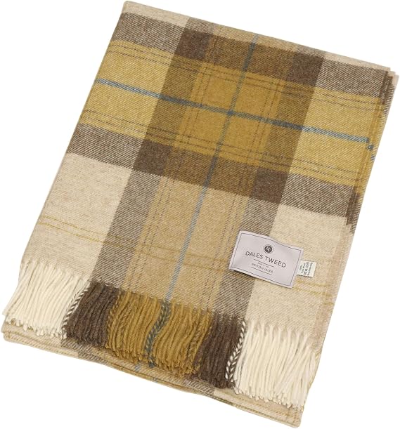 Bronte Dales By Moon Skye Check Throw Gold 100% Pure New Wool Blanket British UK-Made Warm Gift