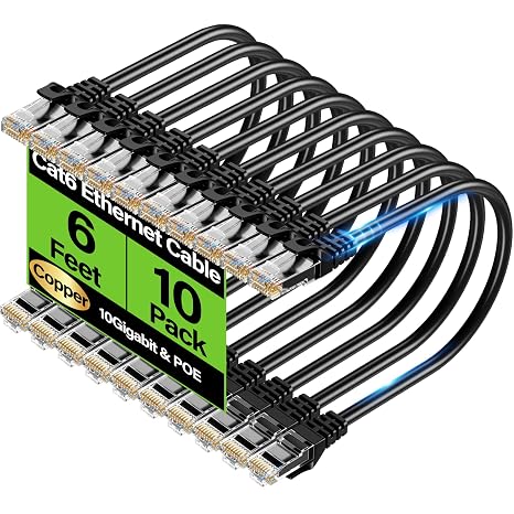 Cat6 Ethernet Cable 10Gbps 6 ft (10 Pack), UTP Ethernet Cable Cat 6, Flexible Bare Copper Cat6 Cable, Cat 6 Network Cable for Server, Data Center, Black