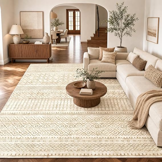Amada Homefurnishing 8x10 Washable Area Rugs, Beige Boho Geometric Low-Pile Rug with Non-Slip Backing, Stain Resistance & Durable Edge Binding, Soft Indoor Carpet for Living Room, Bedroom, Dining Room