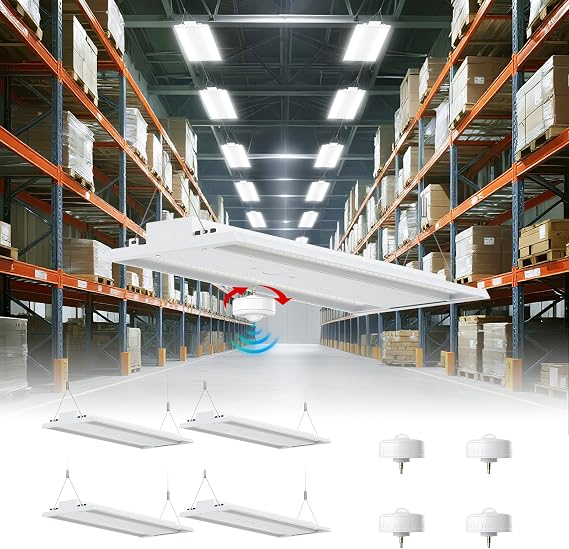 YXL 4 Pack 210W Motion Sensor LED Linear High Bay Shop Light, 31500LM, 120-277V, 0-10V, 5000K, Commercial Linear High Bay Led Shop Lights for Warehouse Industrial Garage Workshops, UL