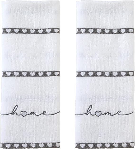 SKL Home Heart in Home Hand Towel Set-2pc, 100% Cotton, Embroidered, White