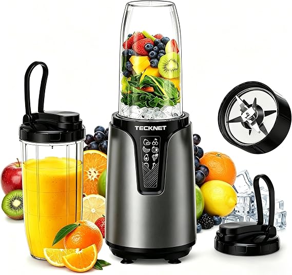 TECKNET Personal Blender Smoothie Maker, 1000W Powerful 25,000PRM, Blends Fruit & Vegetables, 2x600ml Portable Travel Cups with Spout Lids & Handled Ring, Makes Smoothies & Juice, Grey