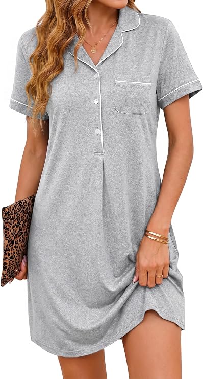Nightdress Women's Short Sleeve Cotton Sleep Shirt Summer Sleep Dress with Button Placket Sleepwear Soft Sleep Shirt for Women Negligee