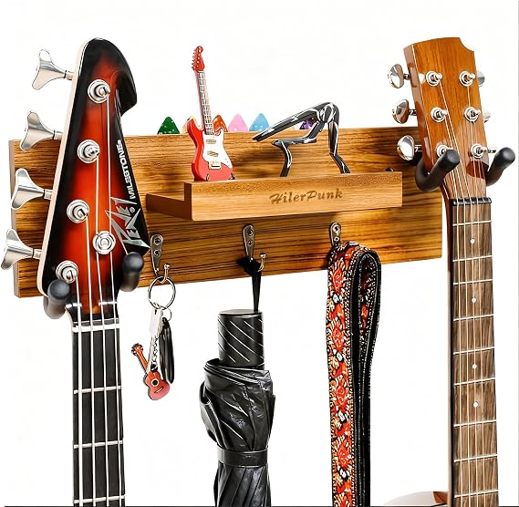 Guitar Wall Mount,Solid Wood Guitar Wall Hanger with 3 Storage Hooks and 2 Rotatable Rubber Guitar Hanger,Guitar Display Stand with Shelf and Pick Holder for All Size Guitar-Zebra Wood Color