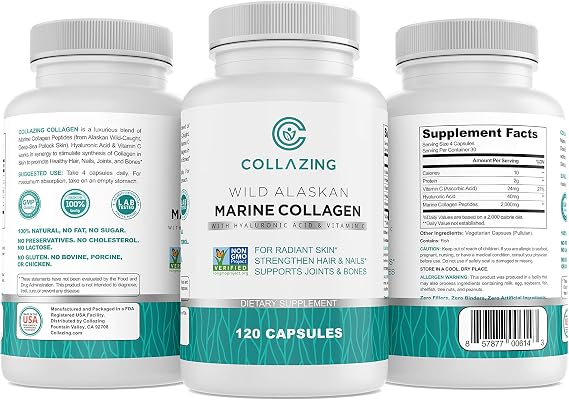 Alaskan Wild-Caught Marine Collagen Peptides with Hyaluronic Acid & Vitamin C - Supports Skin, Hair, Nails, Joints & Bones - Type 1 & 3 Collagen for Women & Men - 120 Powder Capsules