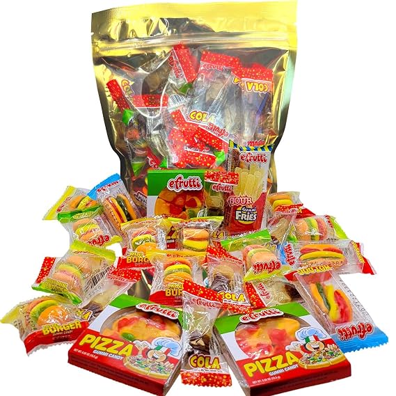 NIMIANO eFrutti Gummi Candy Variety Lunch Party Pack: Pizzas, Mini Burgers, Sour Hot Dogs, Cola Bottle and Fries| Fat Food, Nut , Gluten Not GE | Great for parties 25 pieces