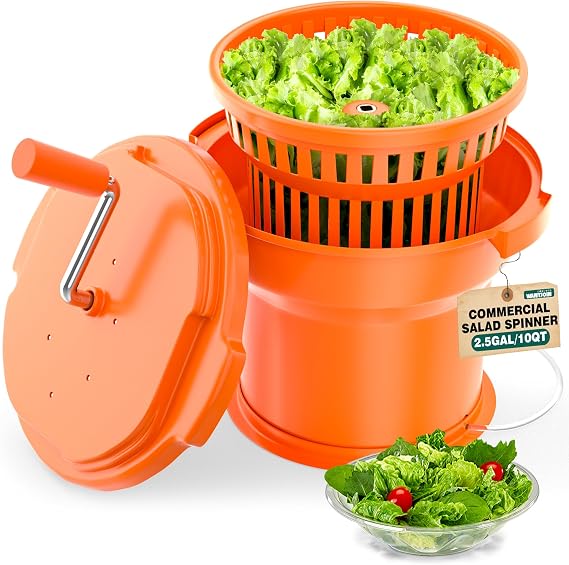 Wantjoin Commercial Salad Spinner - 2.5 Gallon Salad Dryer Large Salad Spinner w/Silicone Anti-slip Mat & Draining Hose, 10Qt Manual Salad Spinner for 3 Heads of Lettuce Spinner Large for Catering