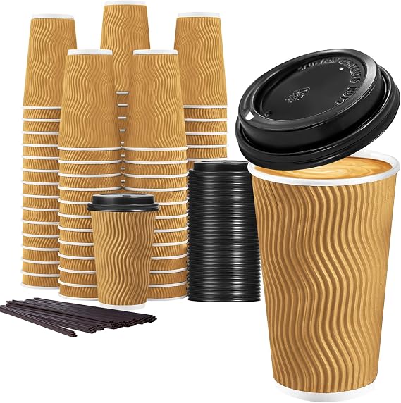 Lamosi 50 Pack 16 oz Coffee Cups with Lids, Disposable Paper Cups