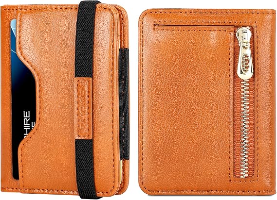 nuoku Minimalist Wallet for Men, Leather Slim RFID Mens Wallet, Bifold Front Pocket Wallet with ID Window and Elastic Card Slot, Max 9 Cards (Brown)