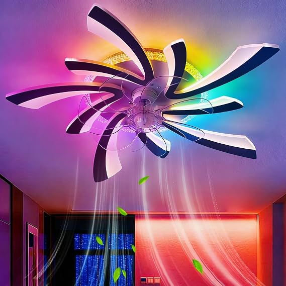 RGB Ceiling Fans with Lights and Remote Control, Modern Flower Silent Light with Fan LED Dimmable, 6 Speed DC Motor Reversible Ceiling Fans with Lamps for Bedroom Living Room-Black