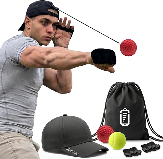 Reflex Ball Hat Kit for Boxing 2 Speed Levels, Click-to-Adjust Metal Lock & Knuckle Guards | Cotton Hat Punch Ball Set for Reaction Time, Speed & Coordination Training | PunchLab App Compatible