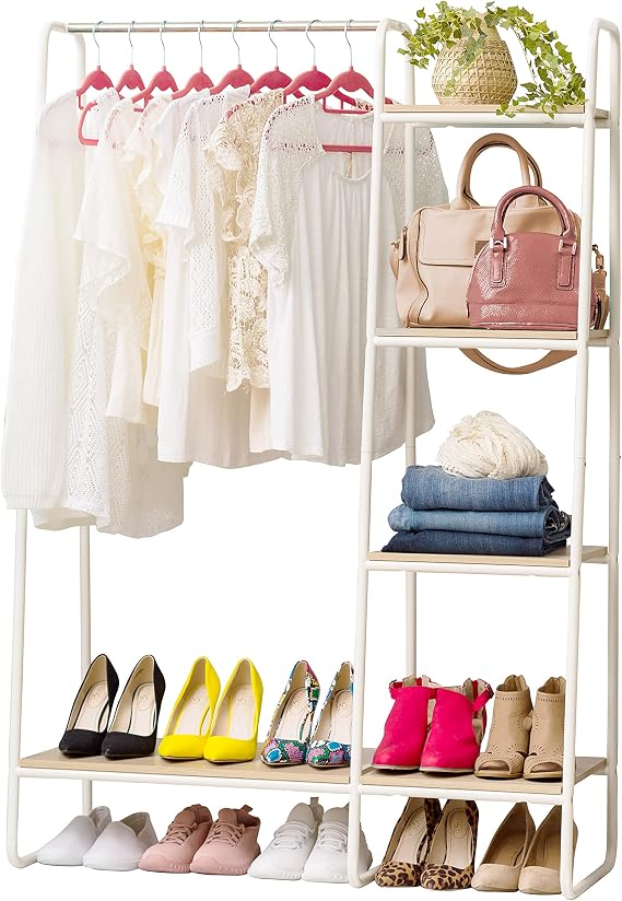 IRIS USA Clothes Rack with 4 Wood Shelves, Garment Storage, White