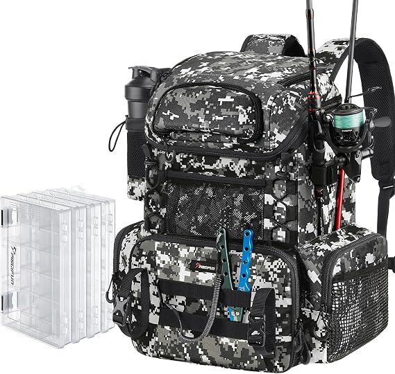 Piscifun Fishing Tackle Backpack, 42L Rod & Box Carrier, Waterproof | Adjustable divider, breathable padding & padded straps with waist belts, side pockets for rods/bottles